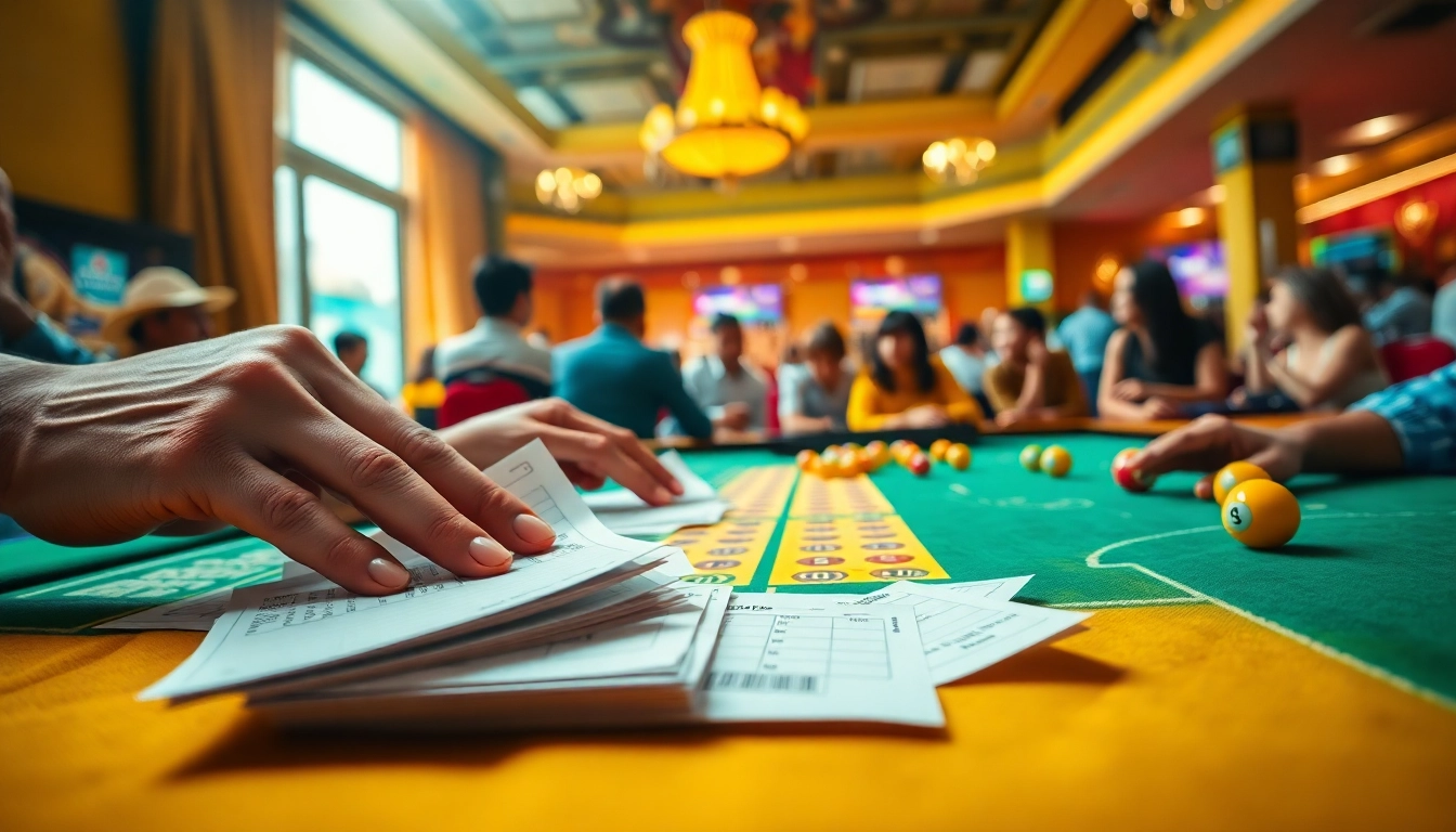Action-packed bandar togel online scene with vibrant betting slips and lottery balls in the foreground.