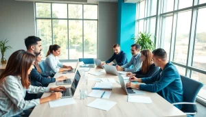 Engaging team discussion highlighting Good Wolf Marketing strategies in a modern office.