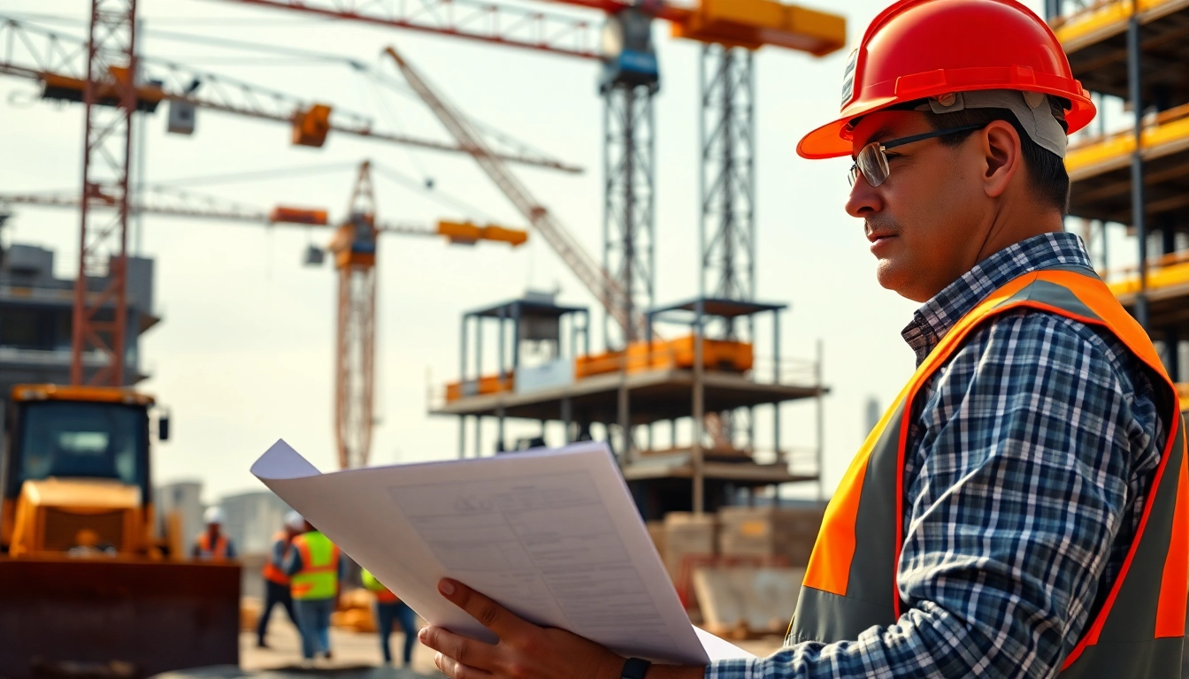 New York Construction Manager inspecting project plans at a bustling construction site.