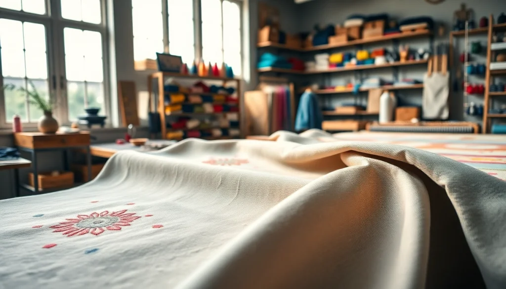 Canvas stof in een gezellige werkplaats waar een artisanale vakman werkt.
