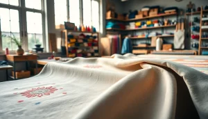 Canvas stof in een gezellige werkplaats waar een artisanale vakman werkt.