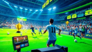 Menampilkan pemain dalam bandar bola game yang seru dan dinamis dengan tampilan antarmuka permainan yang berwarna-warni.