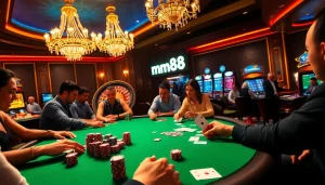 Experience the thrill of gaming with mm88 at a lavish poker table, complemented by colorful chips and an inviting atmosphere.