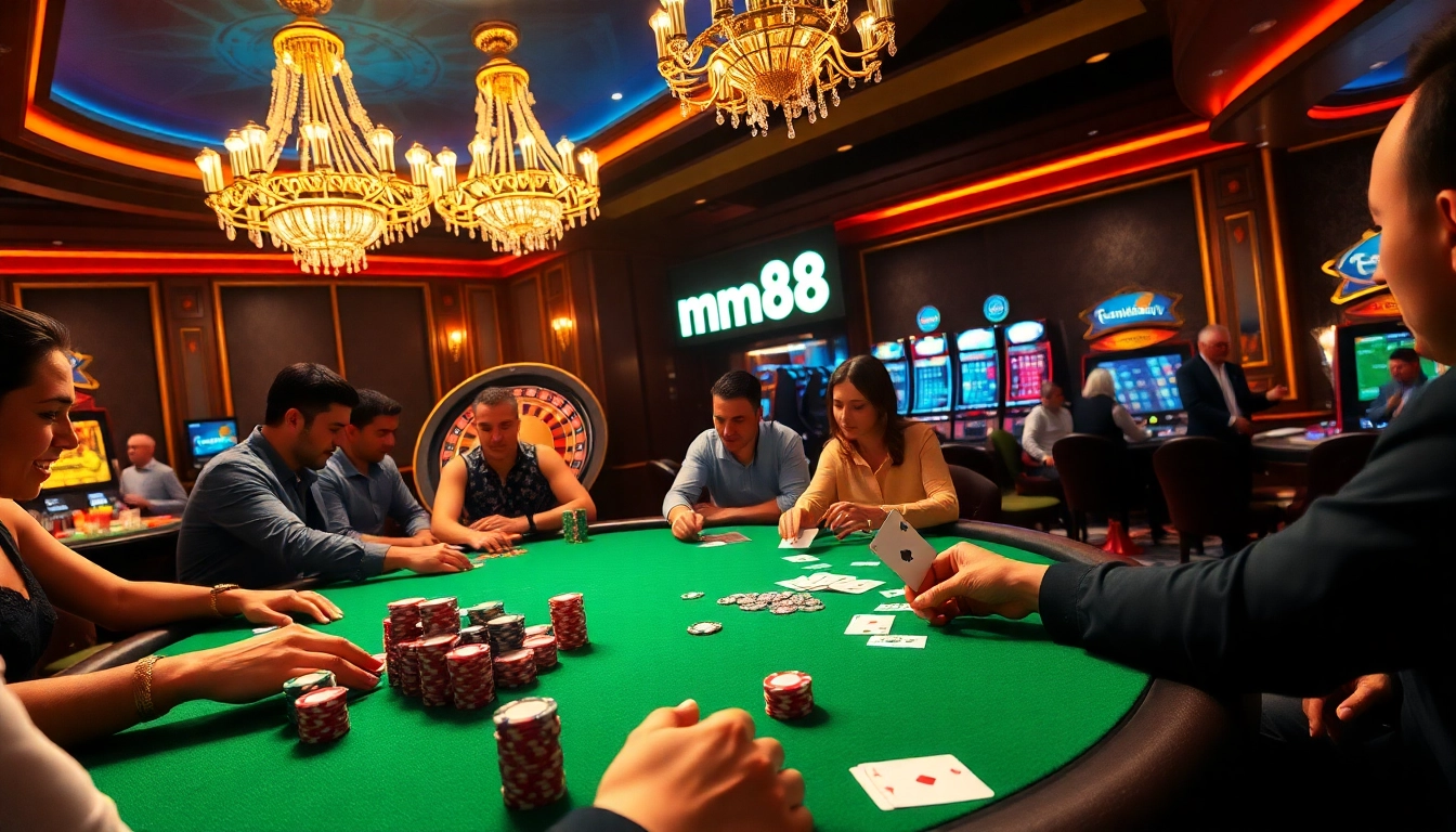 Experience the thrill of gaming with mm88 at a lavish poker table, complemented by colorful chips and an inviting atmosphere.