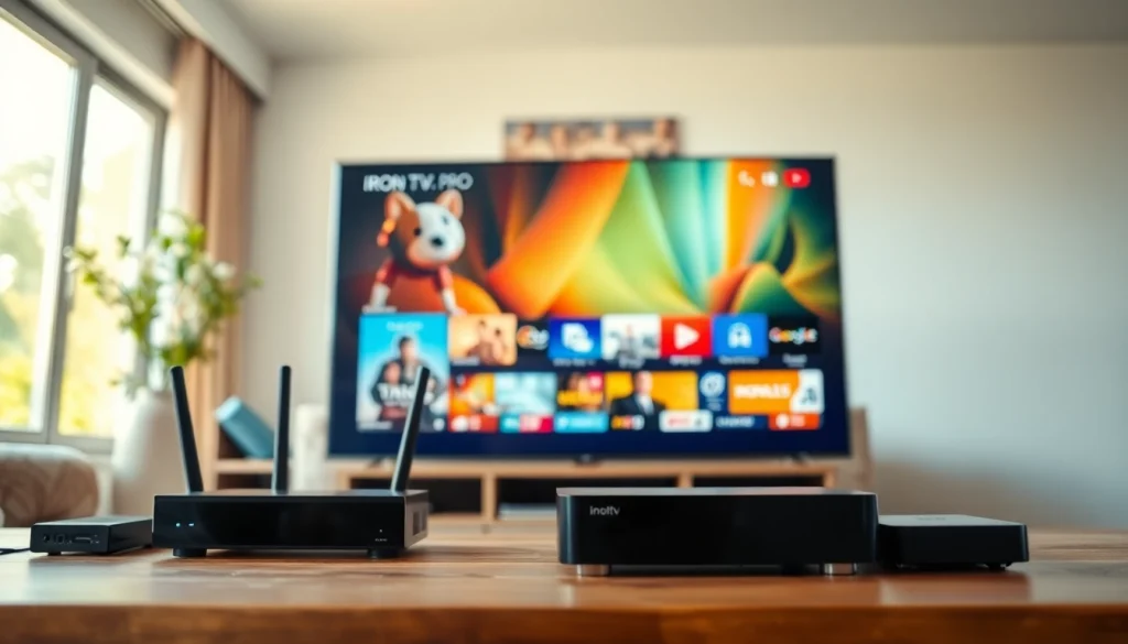 Showcase of the iron tv pro with vibrant IPTV interface in a modern home setting.