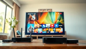 Showcase of the iron tv pro with vibrant IPTV interface in a modern home setting.