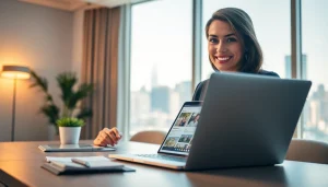 Real Estate agent discussing listings with a client in a modern office setting.