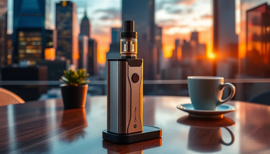 Oxva Vape-Gerät auf einem Holztisch in einer urbanen Umgebung mit dynamischem Stadtblick.