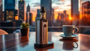 Oxva Vape-Gerät auf einem Holztisch in einer urbanen Umgebung mit dynamischem Stadtblick.