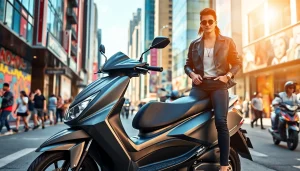 Motorroller kaufen in urbanem Umfeld mit dynamischem Design und lebendiger Atmosphäre.