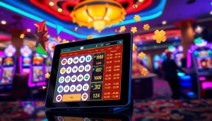 Menggambarkan pengalaman bandar togel online dengan antarmuka berwarna dan grafik beruntung.