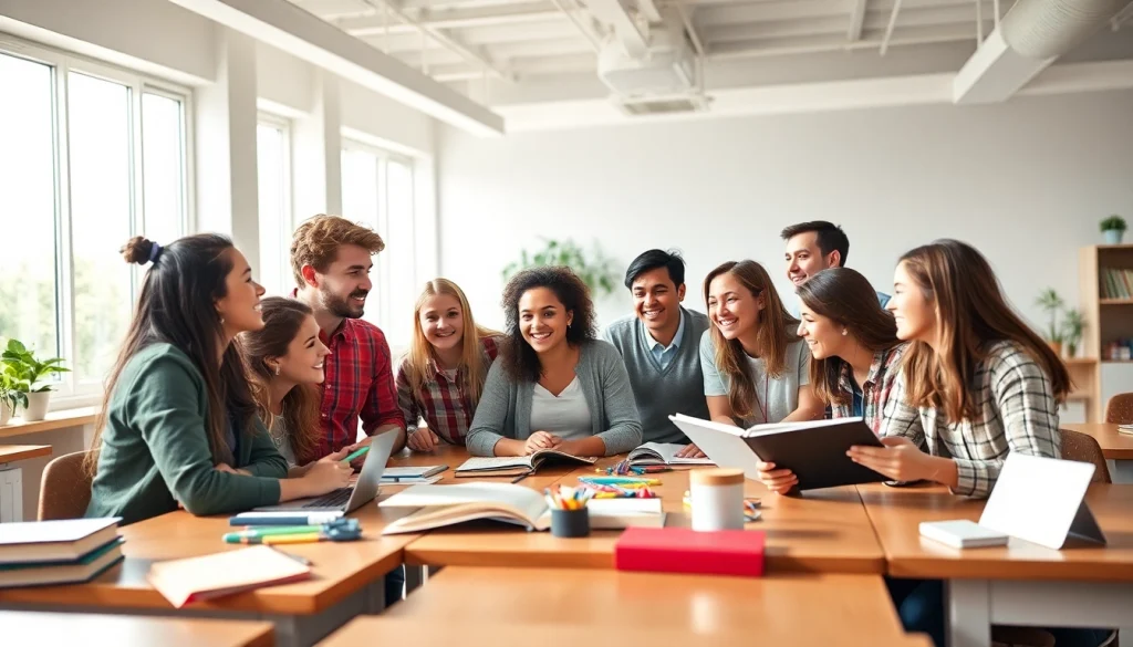 Students collaborating in a vibrant classroom environment emphasizing Education through interactive learning.