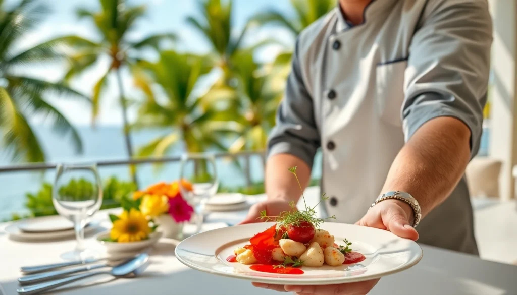 St Martin Private Chef serving exquisite dish in an elegant villa overlooking the ocean.