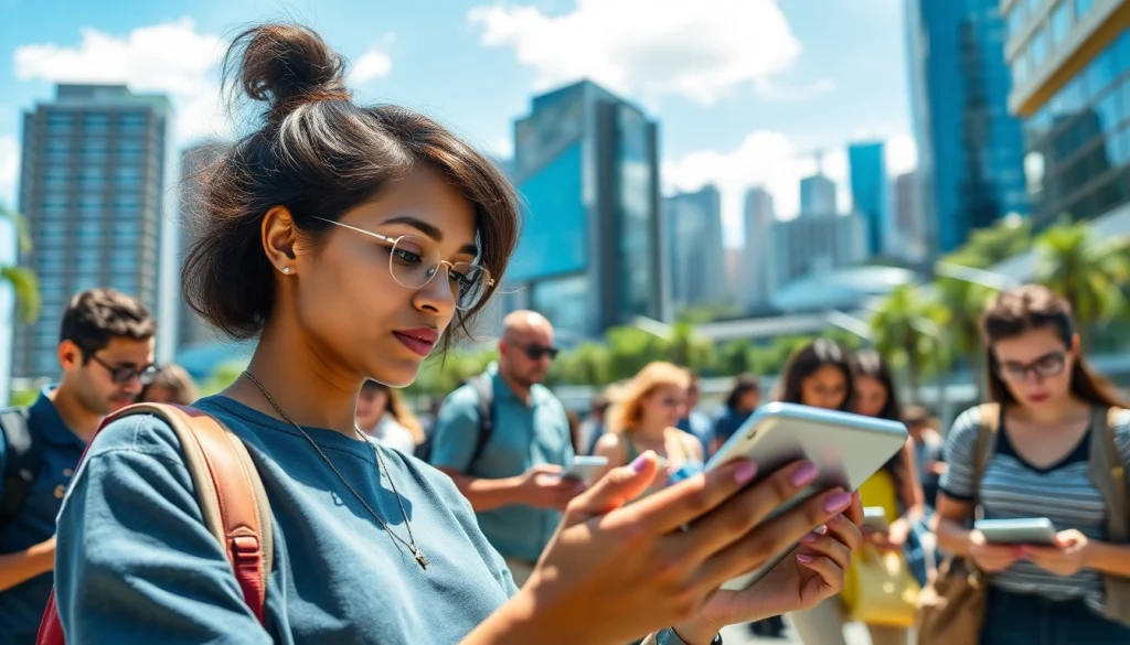 Engaging depiction of Technology showcasing collaboration with diverse individuals amid urban innovation.