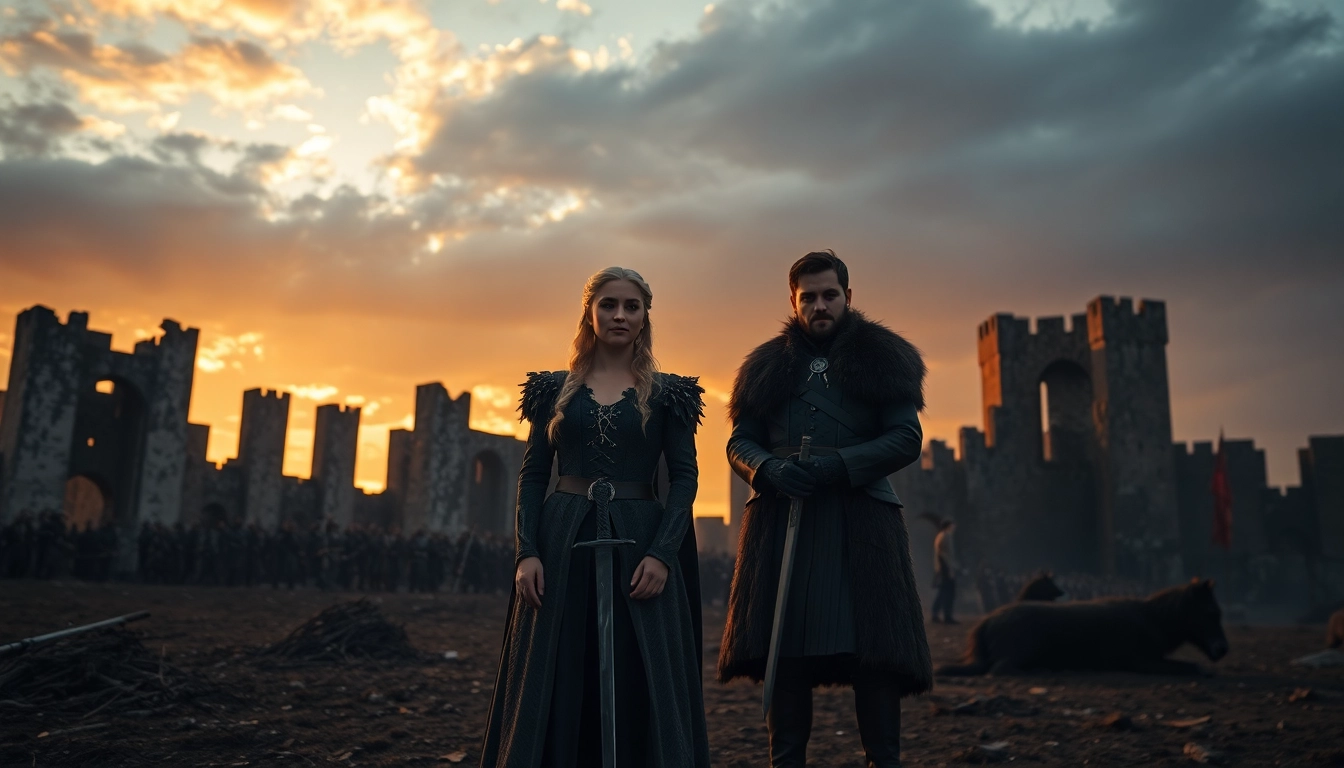 The iconic Game of Thrones cast featuring Jon Snow and Daenerys Targaryen on a dramatic battleground.