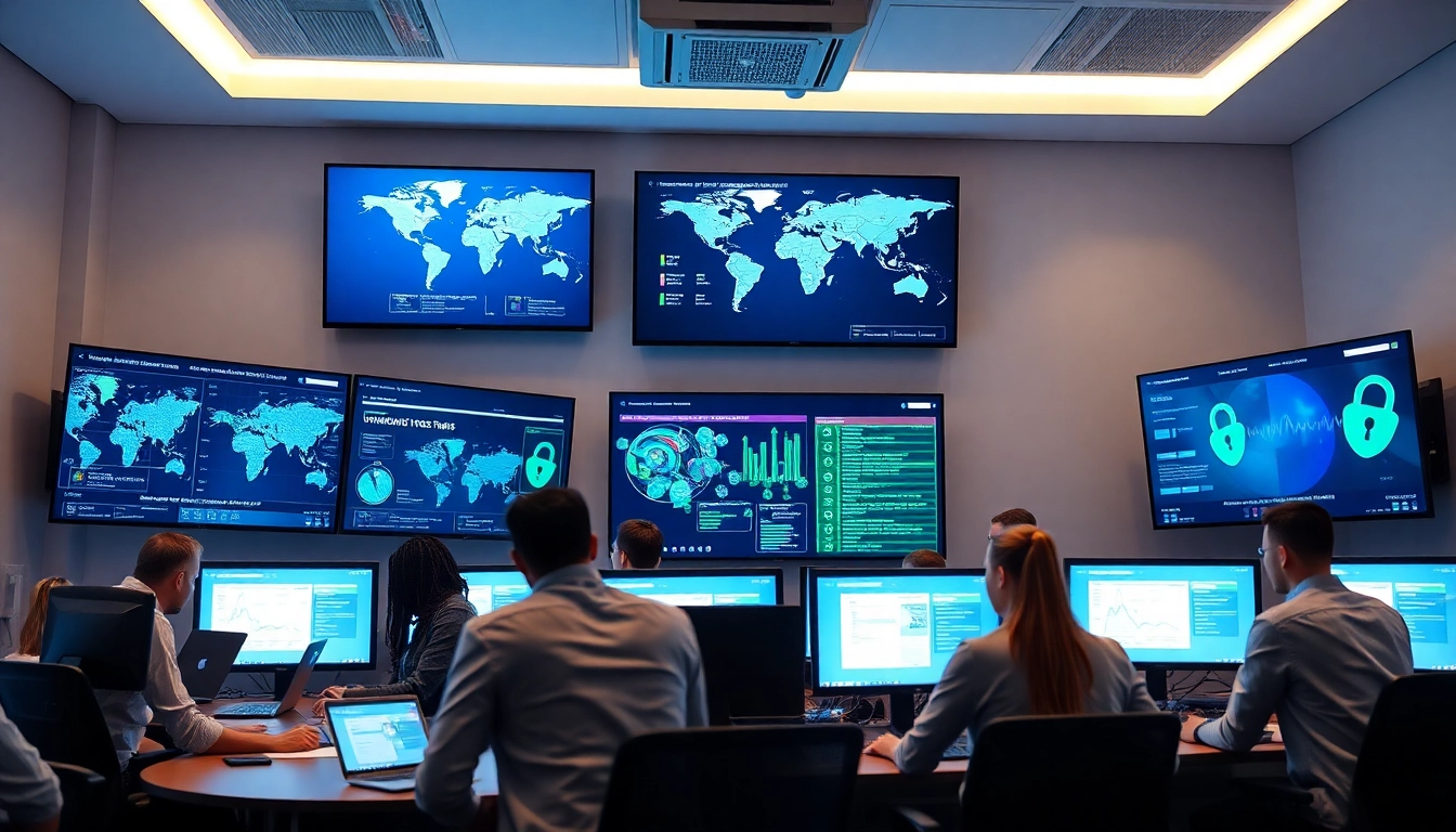 Cybersecurity Services Tampa: A modern operation room with diverse professionals monitoring security systems.