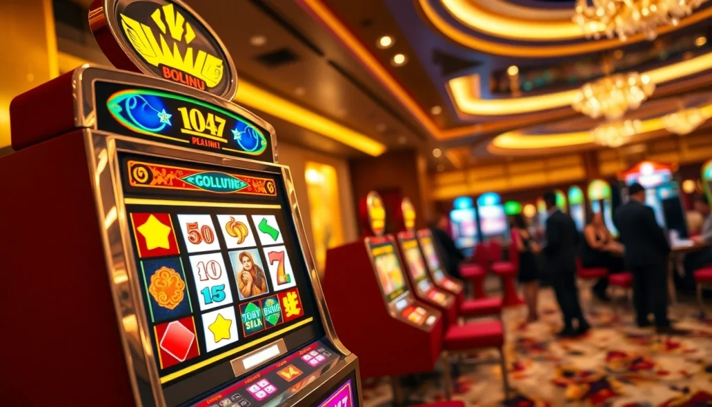 Jelajahi bolahiu slot yang menarik dengan latar belakang kasino yang menawan dan suasana energik.