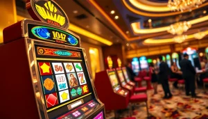 Jelajahi bolahiu slot yang menarik dengan latar belakang kasino yang menawan dan suasana energik.