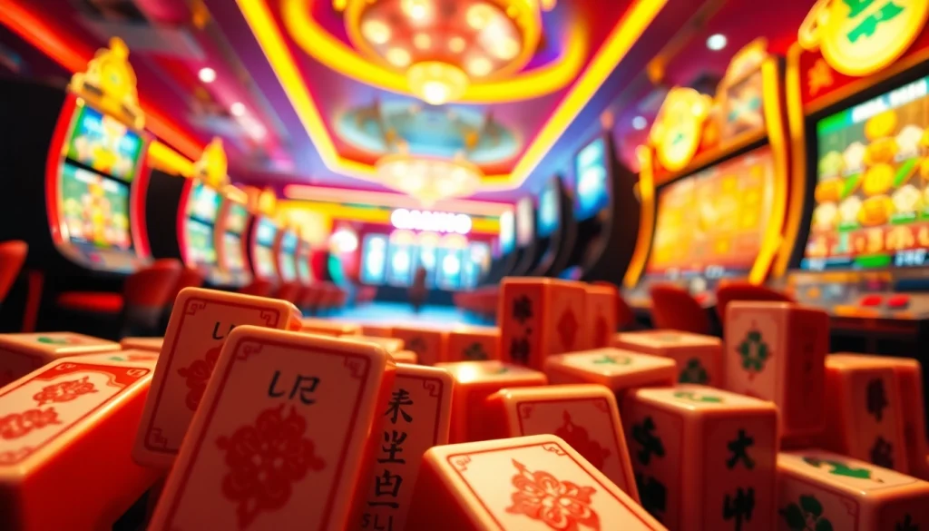 Permainan slot mahjong yang menarik dengan simbol-simbol yang cerah dan menonjol di kasino.