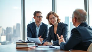 Intellectual property lawyer advising a client in a modern office setting, showcasing professionalism.
