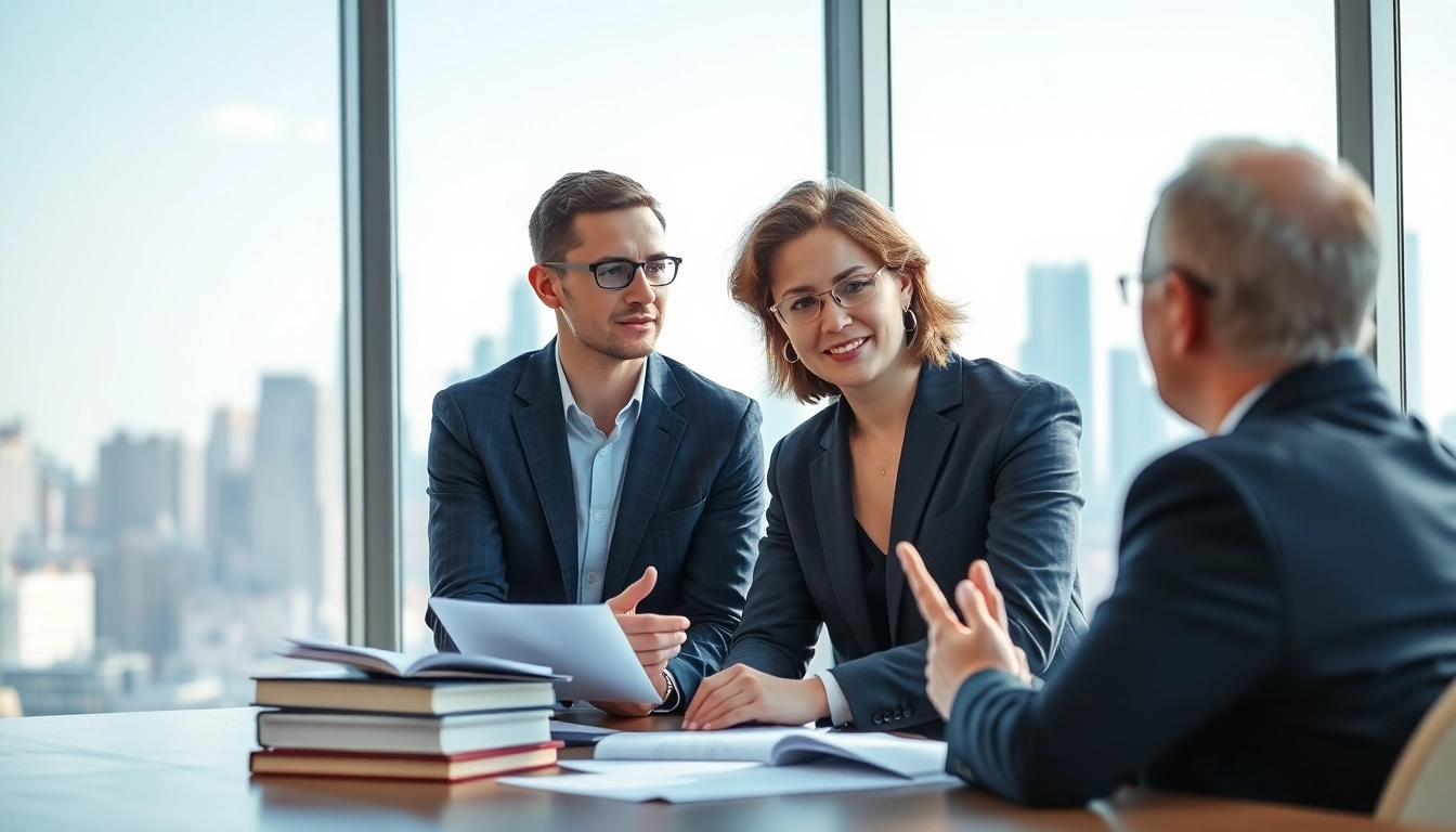 Intellectual property lawyer advising a client in a modern office setting, showcasing professionalism.