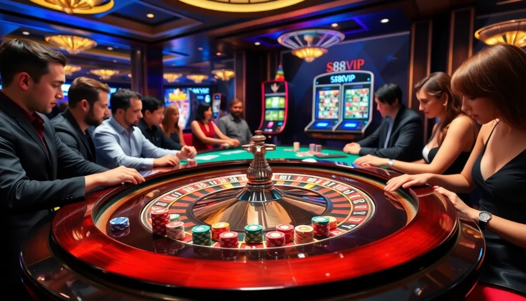 Players enjoying an exciting roulette game at S88VIP casino, showcasing vibrant chips and an engaging atmosphere.