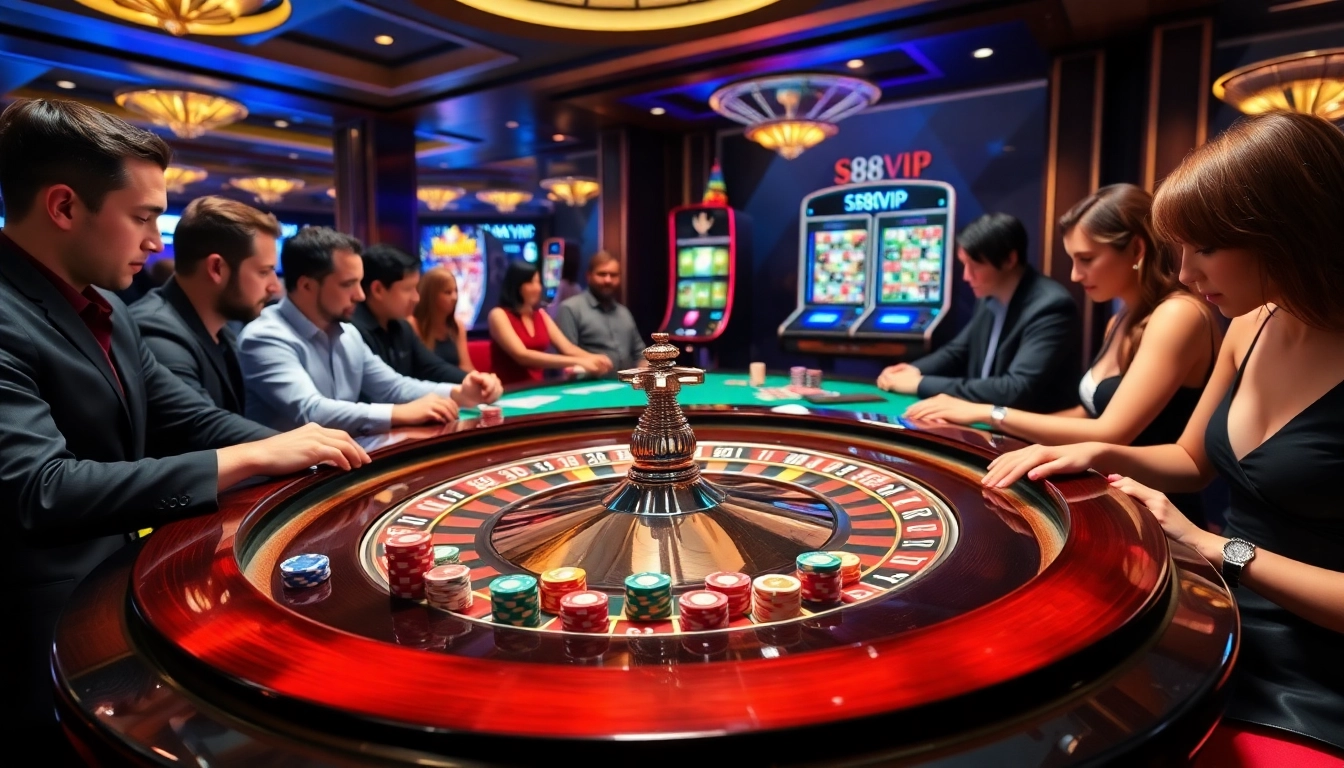Players enjoying an exciting roulette game at S88VIP casino, showcasing vibrant chips and an engaging atmosphere.
