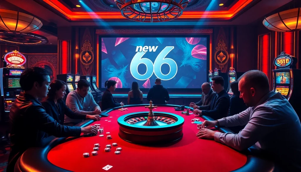 Engaging players enjoy a thrilling casino experience at a table under glamorous lighting, featuring new 66 branding.