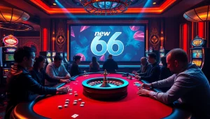 Engaging players enjoy a thrilling casino experience at a table under glamorous lighting, featuring new 66 branding.