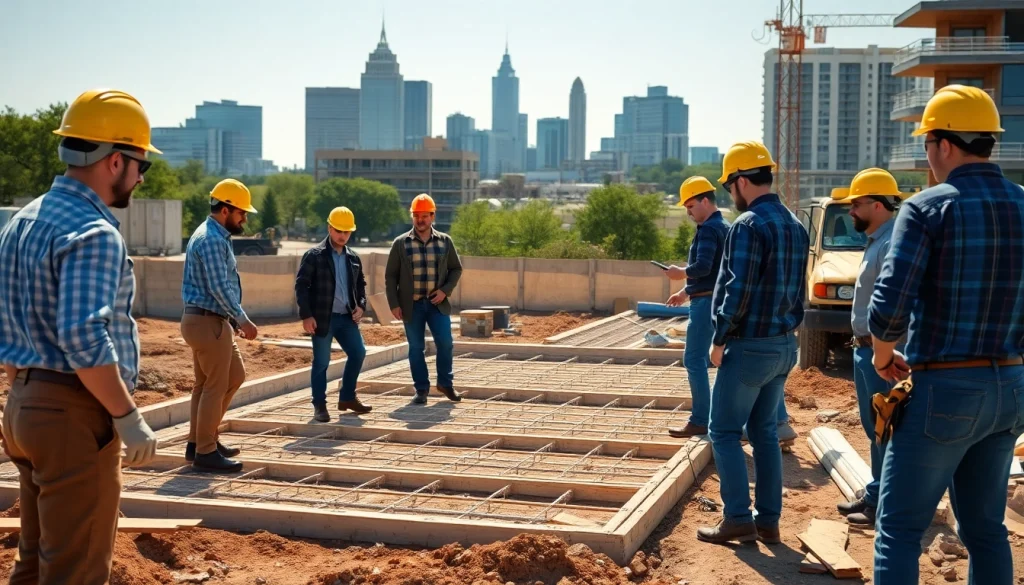 Austin construction team collaborating on a residential project in a vibrant skyline setting.