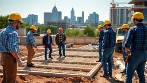 Austin construction team collaborating on a residential project in a vibrant skyline setting.
