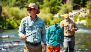 Angler showcasing stylish fly fishing apparel in a serene river environment.