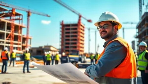 New Jersey Construction Manager directing a construction site with workers and machinery in action.