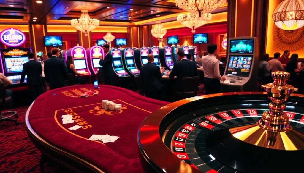 Engaging players at Hi88's luxurious casino table with poker chips and cards.