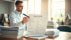 DAS 142 form being reviewed by a contractor in a bright office setting.