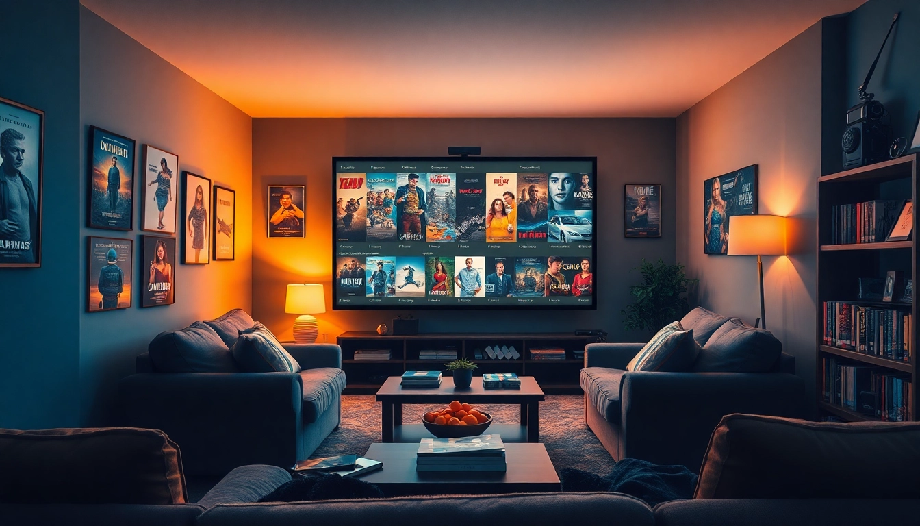 Experience the joy of watching filme online subtitrate in a cozy home setting with a large screen and snacks.