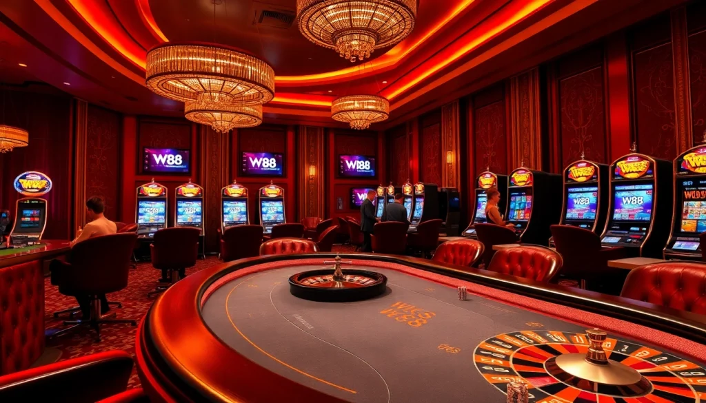 Experience the thrilling atmosphere of W88 with players engaged at a high-stakes poker table in a luxurious casino.