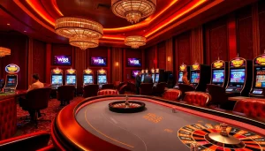 Experience the thrilling atmosphere of W88 with players engaged at a high-stakes poker table in a luxurious casino.