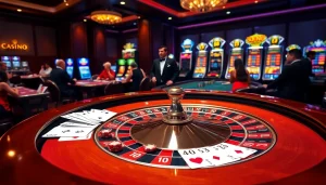 Players enjoying a thrilling game at EV88 Casino with vibrant roulette and poker elements.