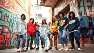 Vibrant streetwear apparel store scene showcasing trendy outfits and urban culture.