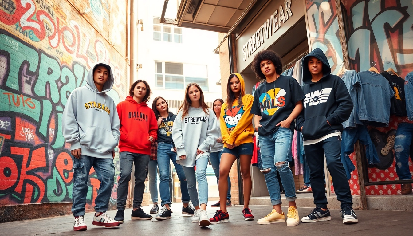 Vibrant streetwear apparel store scene showcasing trendy outfits and urban culture.