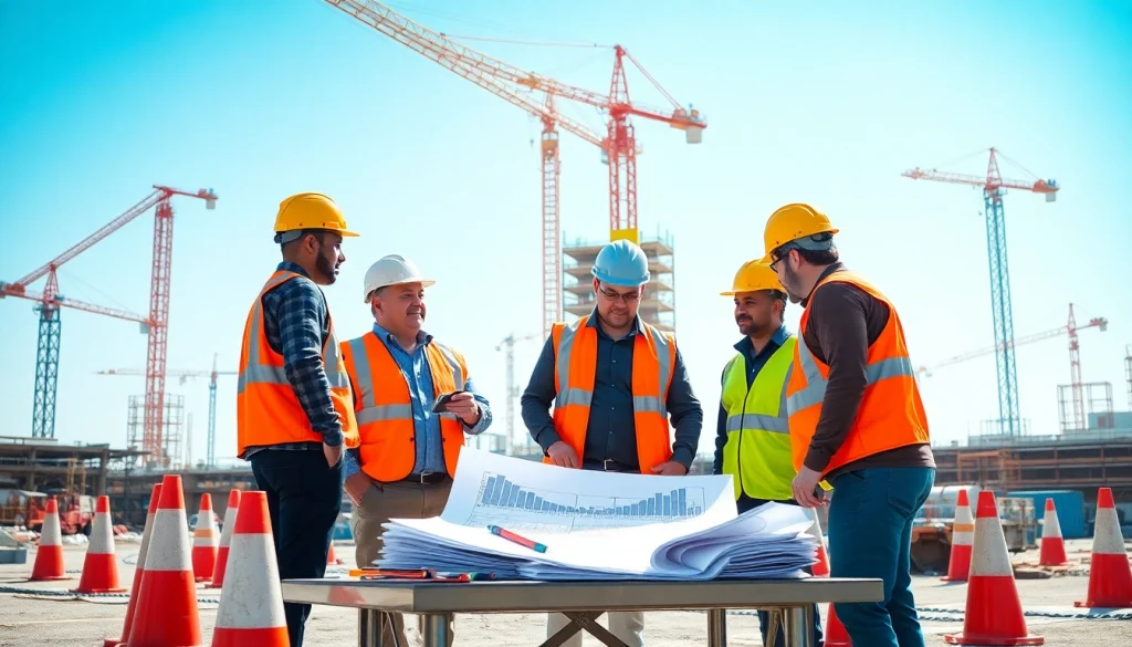 Construction safety training: Workers in safety gear collaborating at a busy construction site.