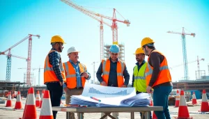 Construction safety training: Workers in safety gear collaborating at a busy construction site.
