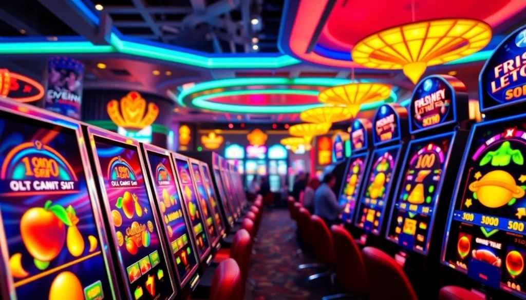 Menampilkan slot depo 1k di mesin slot dengan suasana kasino yang ceria.