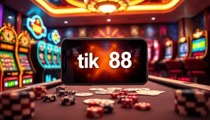 Giao diện ứng dụng Tik 88 đầy hứng khởi giữa một cảnh sòng bạc nhộn nhịp với những đồng chip và những lá bài.