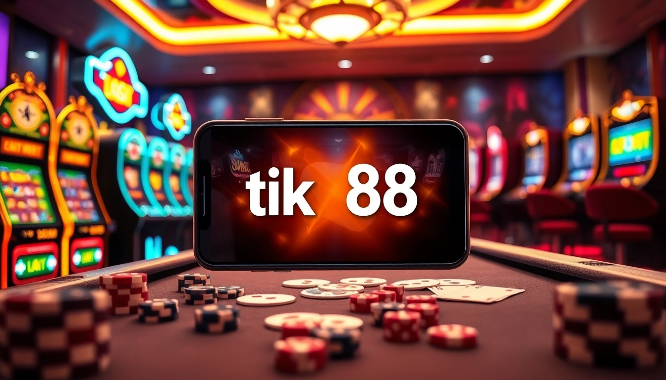 Giao diện ứng dụng Tik 88 đầy hứng khởi giữa một cảnh sòng bạc nhộn nhịp với những đồng chip và những lá bài.