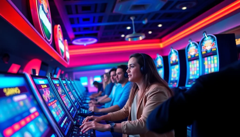 Jogadores se divertindo na plataforma de apostas Bet dá Sorte em um cassino animado.