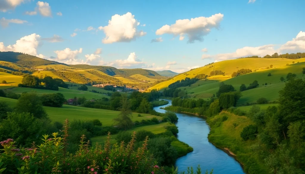 Clarksburg's picturesque landscape featuring rolling hills, river, and vibrant greenery.