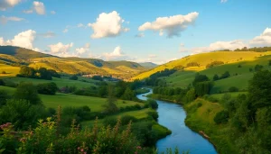 Clarksburg's picturesque landscape featuring rolling hills, river, and vibrant greenery.