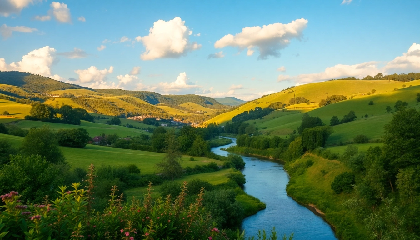 Clarksburg's picturesque landscape featuring rolling hills, river, and vibrant greenery.